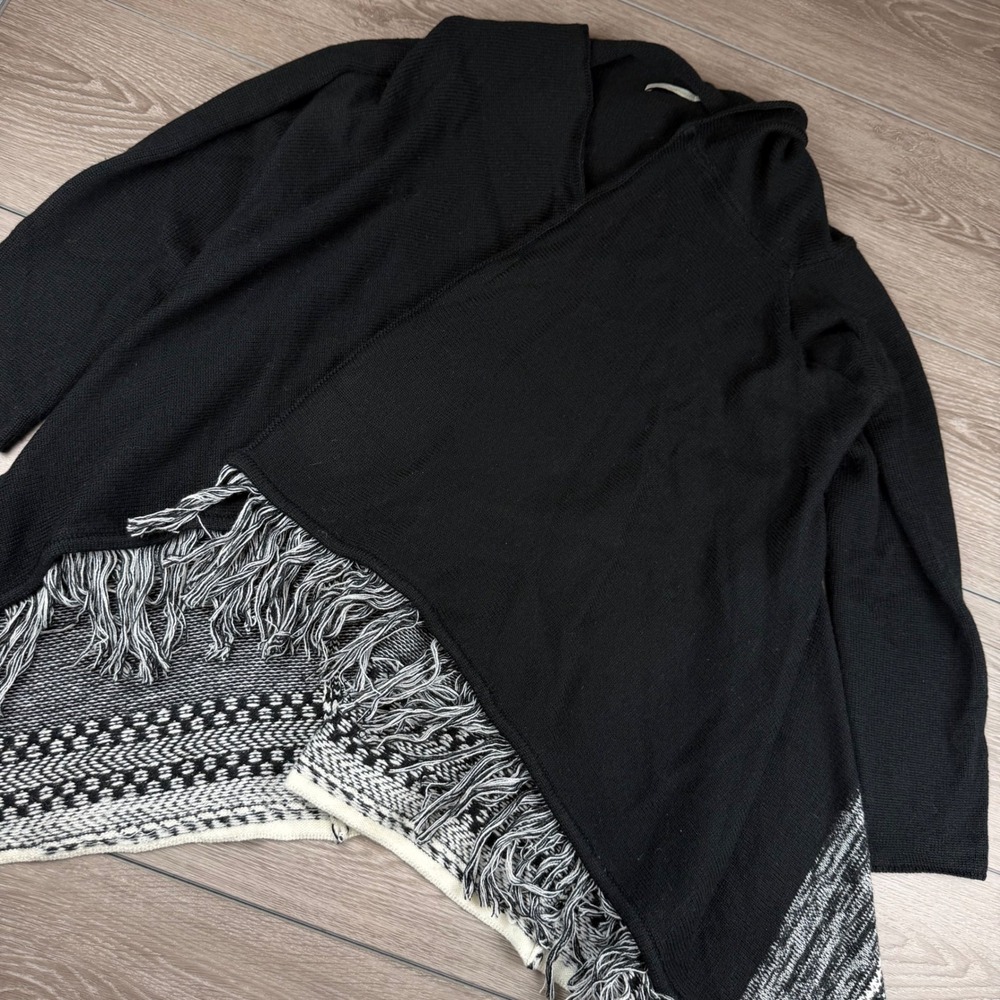 Townsen Womens Cardigan Sweater Wool Blend Fringe Hem Black White Large